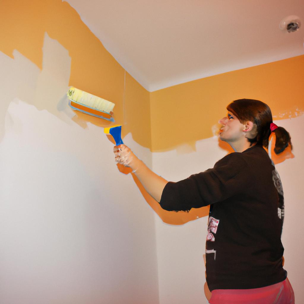 Woman painting walls in living room