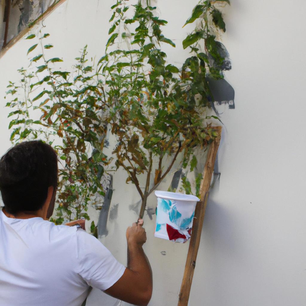 Person painting walls and plants